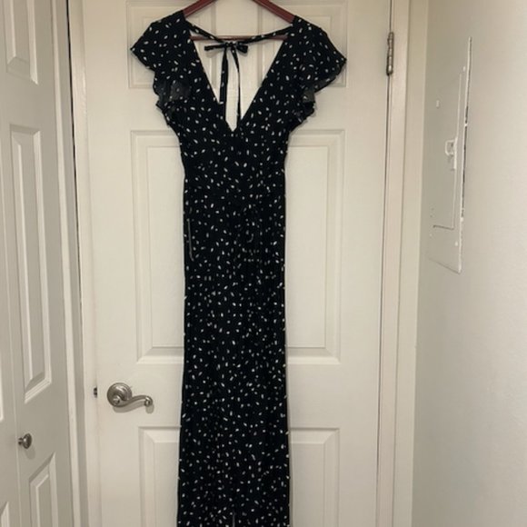 Lulus Wide leg Jumpsuit Black White Fine Print Open Back Ruffle Shoulder S - Picture 9 of 16